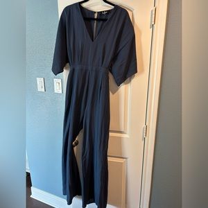 Lightweight flare leg navy jumpsuit.